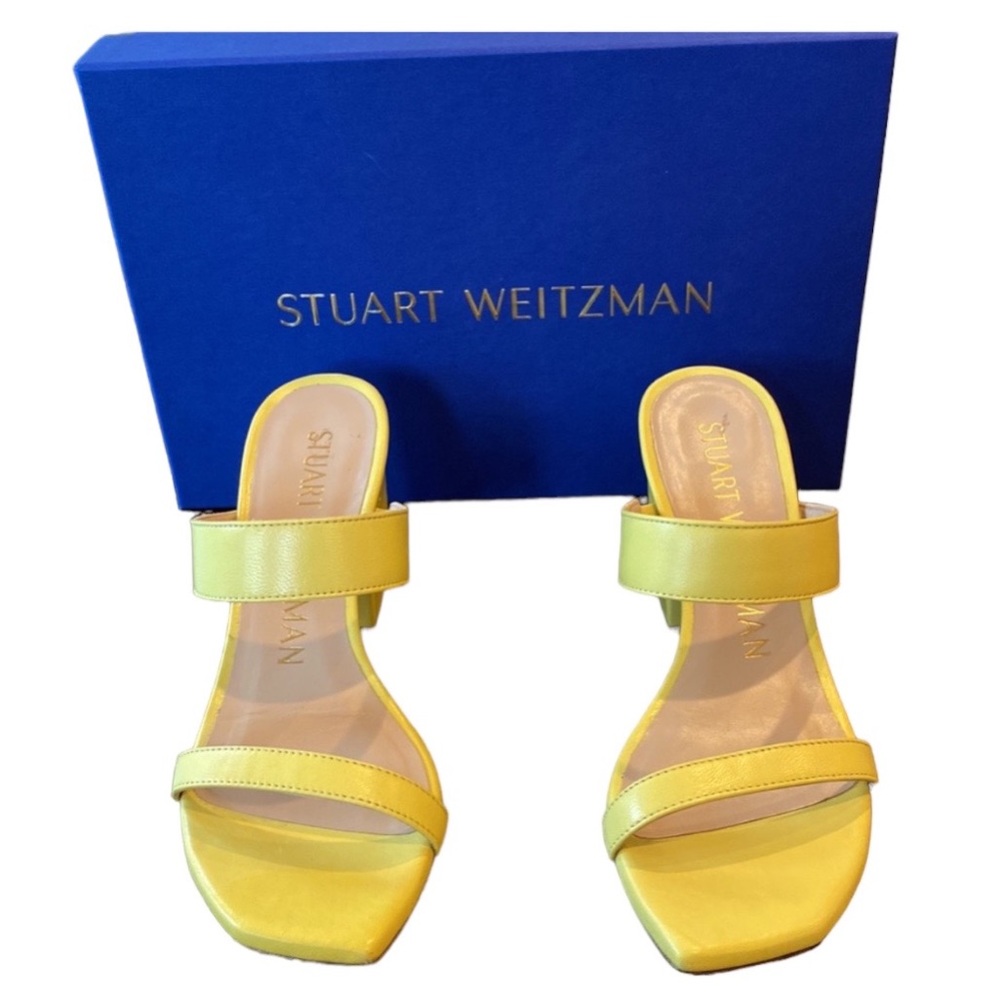 STUART WEITZMAN Lar-Lacquered Nappa Lemon sandal heels